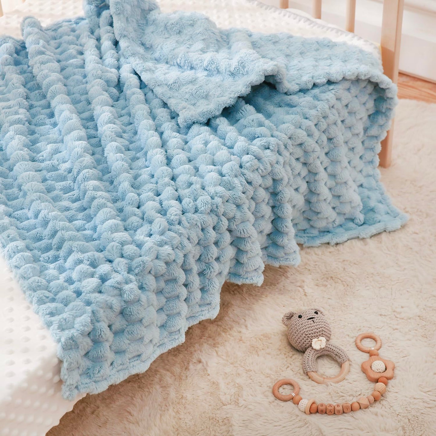HOMRITAR Baby Blanket for Boys or Girls 3D Jacquard Fluffy Fuzzy Soft Warm Cozy Flannel Fleece Warm Blanket for Nursery, Stroller Toddler Bedding (30 x 40 Inch, Blue)