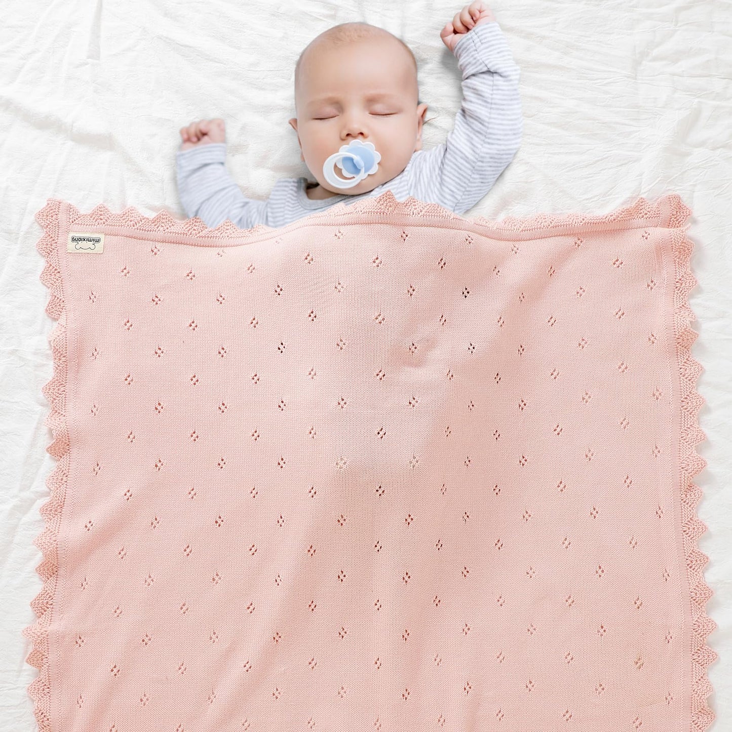 mimixiong Cotton Baby Blanket Knitted Crochet Receiving Crib Nursery Swaddling Blankets for Newborn Baby Boy Girl Off White 30x40 Inch