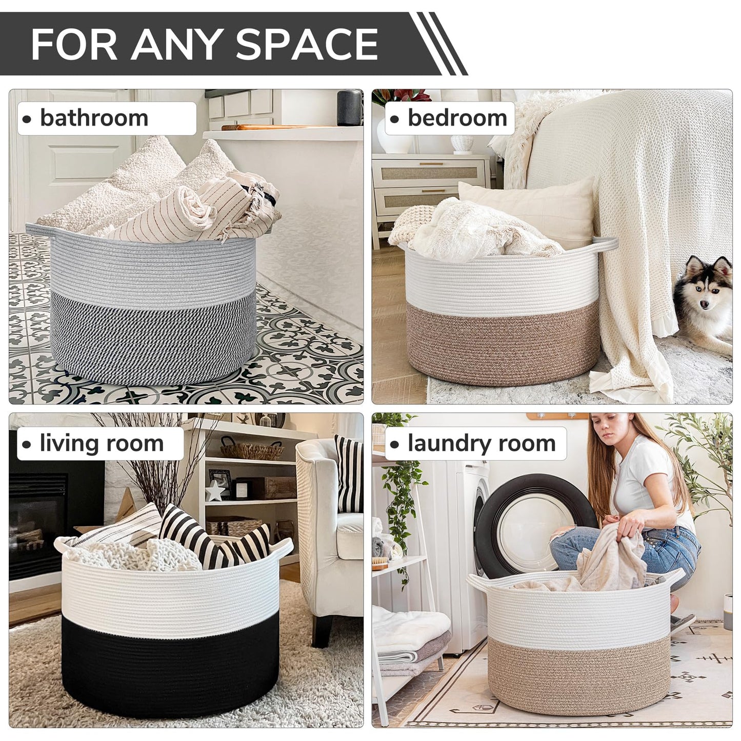 INDRESSME XXXLarge Cotton Rope Basket 21.7" x 21.7" x 13.8" Woven Baby Laundry Blanket Basket Toy Baskets with Handle Storage Comforter Cushions Thread Laundry Hamper