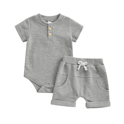 Kuriozud Newborn Baby Boy Summer Clothes Button Short Sleeve Romper Bodysuit Shorts Set Toddler Soft Waffle Outfit