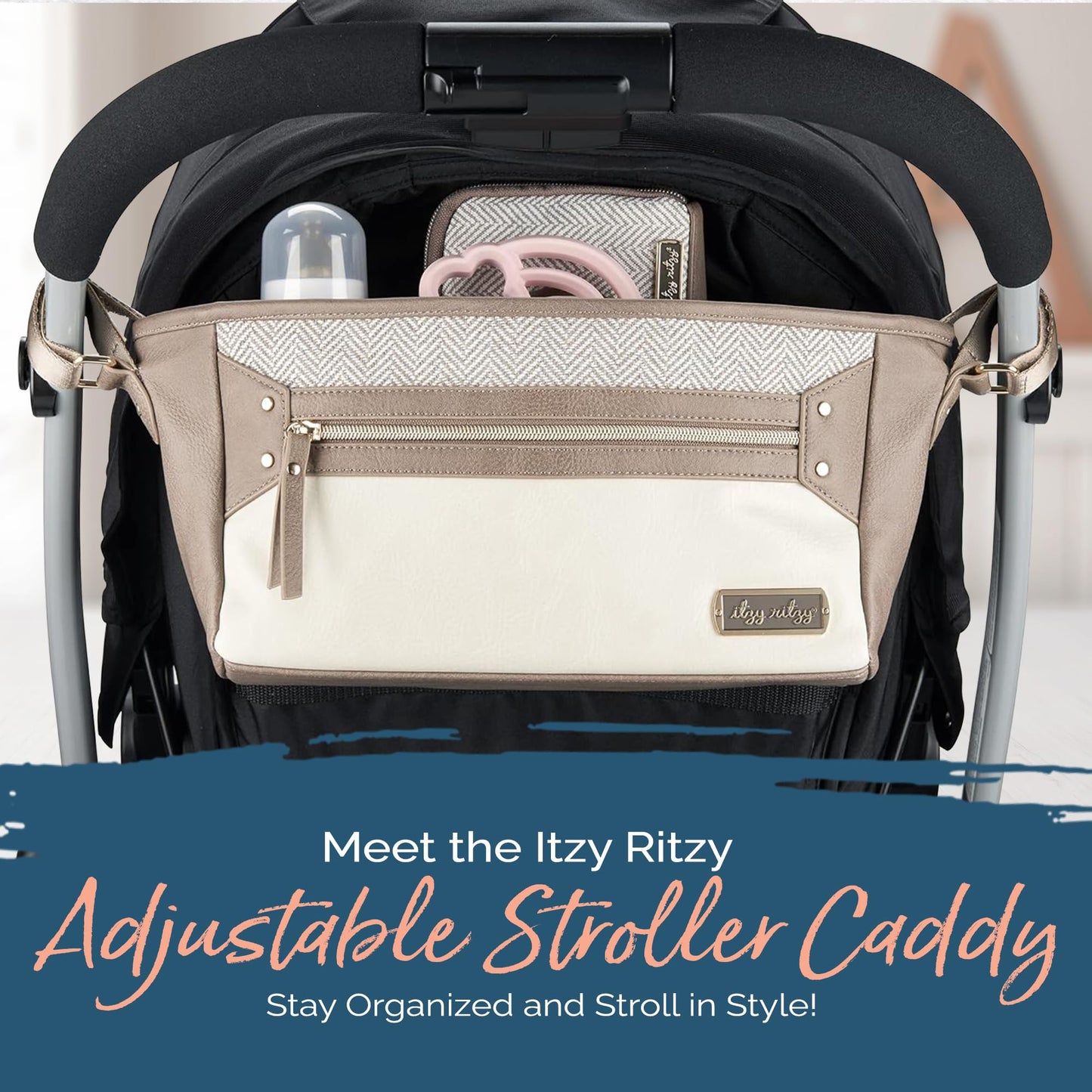 Itzy Ritzy Adjustable Stroller Caddy and Organizer Bag Featuring Front Zippered Pocket, 2 Built-in Interior Pockets & Adjustable Straps to Fit Nearly Any Stroller (Chai)