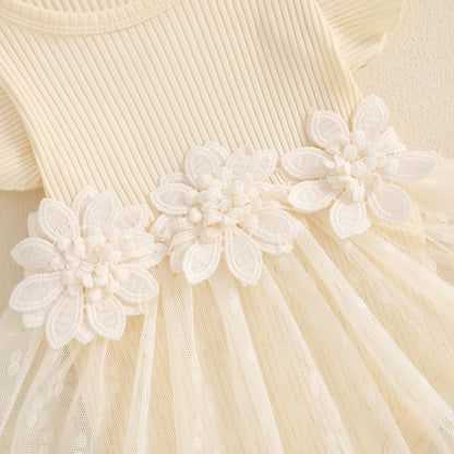 Hnyenmcko Newborn Baby Girl Summer Romper Dress Infant Fly Sleeve Flower Embroidery Mesh Tulle Skirt Hem Ribbed Bodysuit
