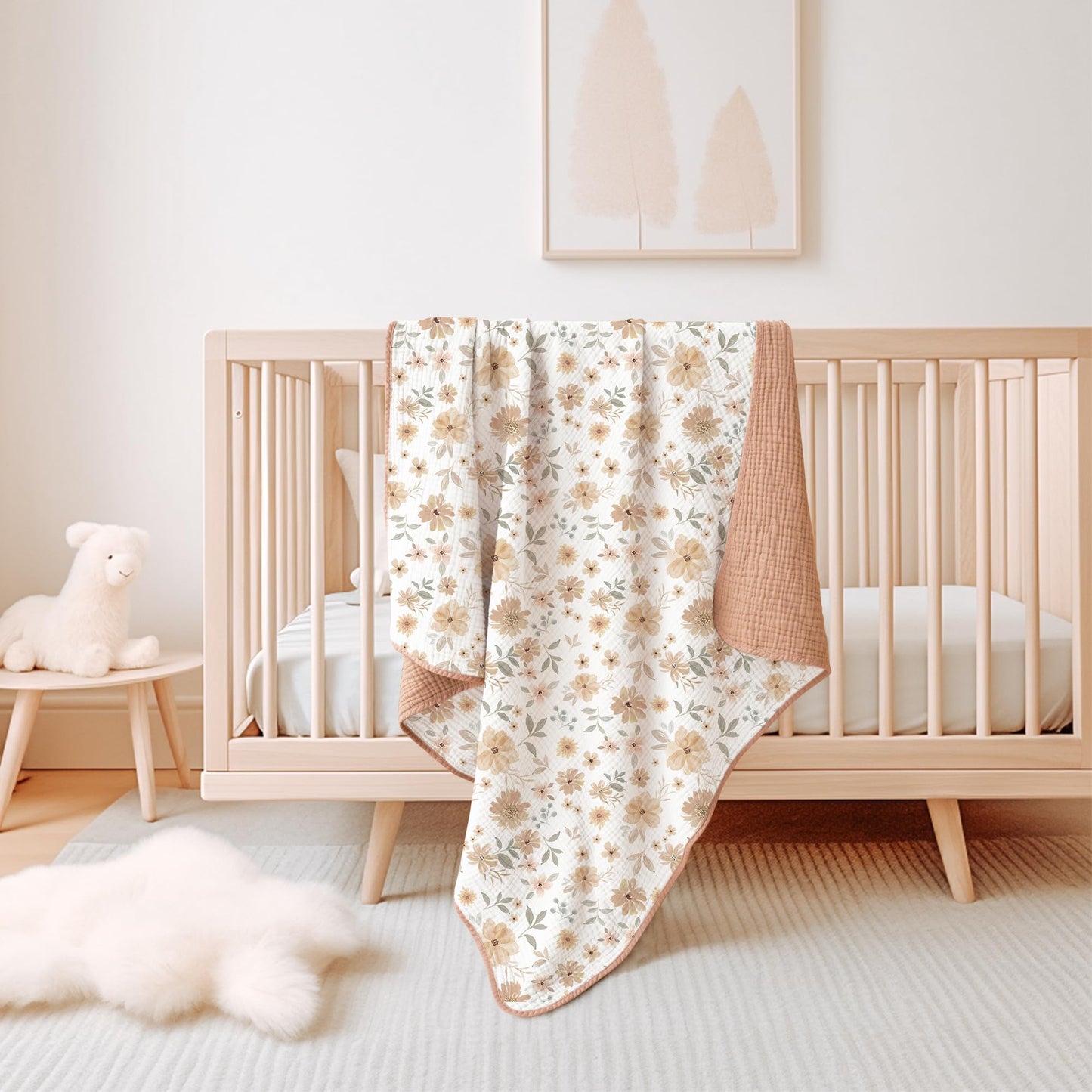 Konssy Muslin Baby Blankets for Girls Boys, 100% Cotton Crib Blanket for Infant Toddler, Super Soft and Lightweight Nursery Swaddling Wrap 40"x36" (Floral)