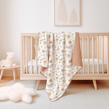 Konssy Muslin Baby Blankets for Girls Boys, 100% Cotton Crib Blanket for Infant Toddler, Super Soft and Lightweight Nursery Swaddling Wrap 40"x36" (Floral)