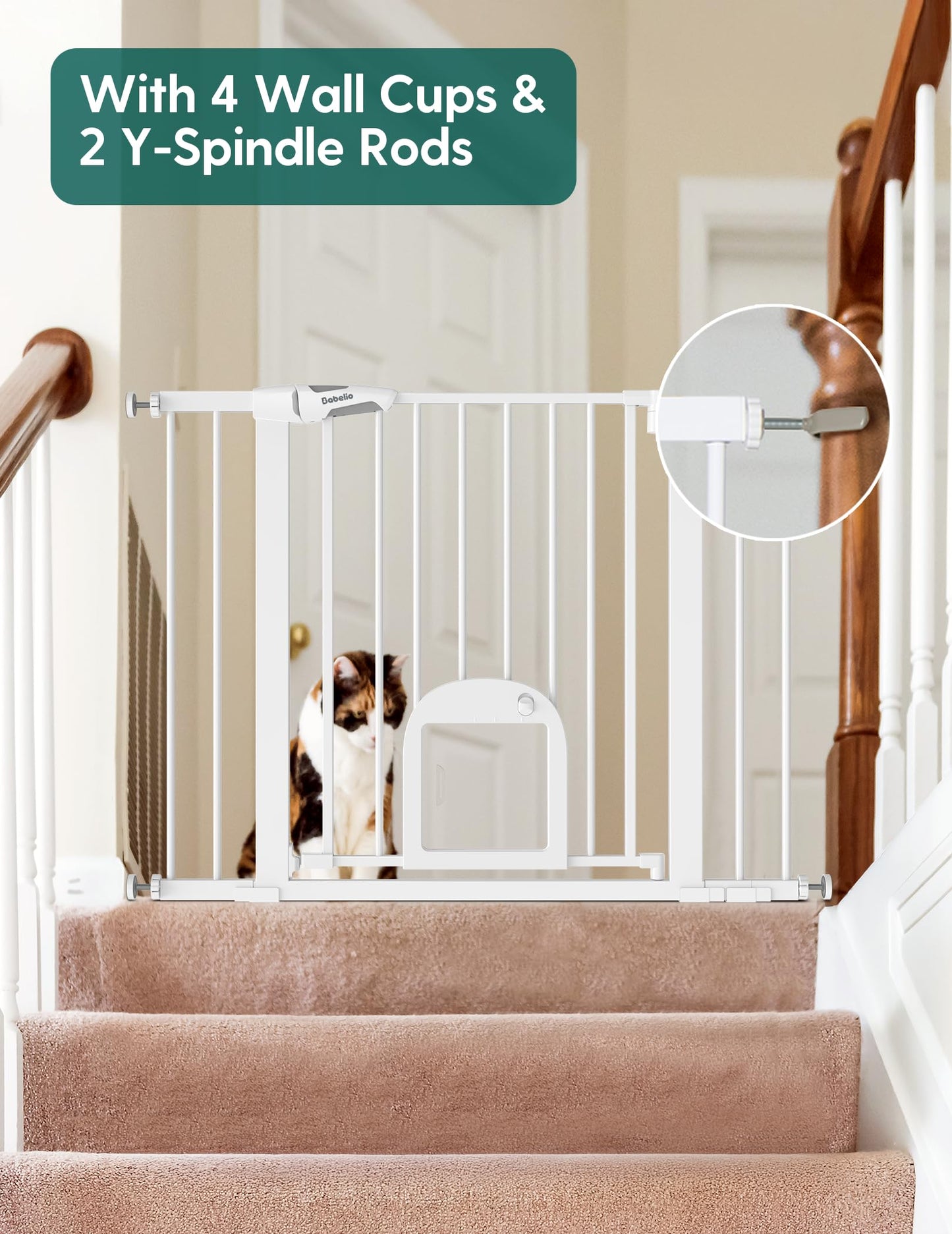Babelio Upgraded Baby Gate with Cat Door, 29-43" Auto Close Durable Dog Gate for Stairs, Doorways and House, Easy Walk Thru Safety Gate with Pet Door Includes 4 Wall Cups, Black