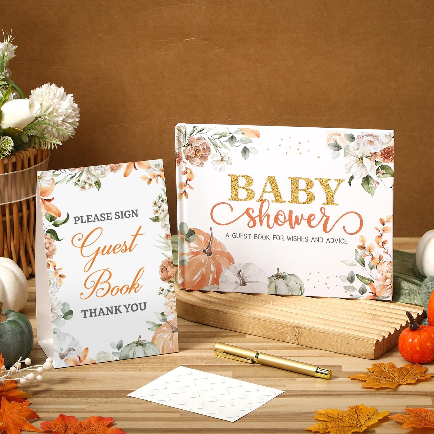 27 Pcs Butterfly Floral Baby Shower Guest Book Set Baby Shower Sign in Guest Floral Book Place Table Cards with Gold Pen Adhesive Photo Corner for Birthday Party