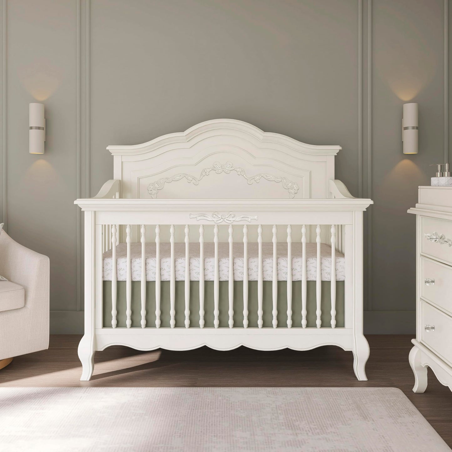Evolur Aurora 5-in-1 Convertible Crib in Ivory Lace, Greenguard Gold Certified, Features 3 Mattress Height Settings, Sturdy and Spacious Baby Crib, Wooden Furniture