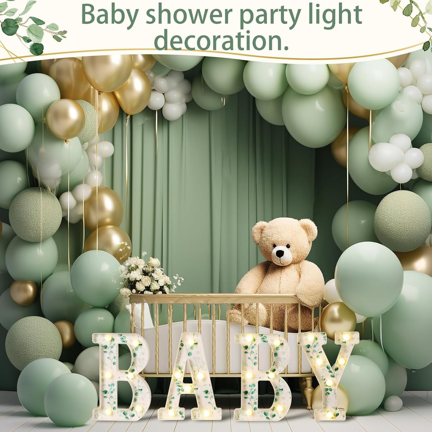 Woodland Greenery Centerpieces Baby Marquee Light up Sign Letters 8.26'' Baby Shower Letter Battery Operated Gender Reveal Birthday Party Decor for Home Table(Eucalyptus Leaf Baby,Green)