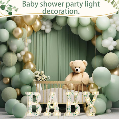 Woodland Greenery Centerpieces Baby Marquee Light up Sign Letters 8.26'' Baby Shower Letter Battery Operated Gender Reveal Birthday Party Decor for Home Table(Eucalyptus Leaf Baby,Green)