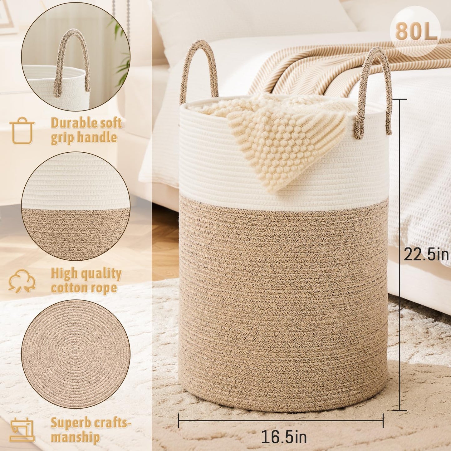 Laundry Basket,Woven Cotton Rope Laundry Hamper,60L for Decor Storage of Dirty Clothes,Toys and Blankets in Bathroom,Baby Room and Living Room