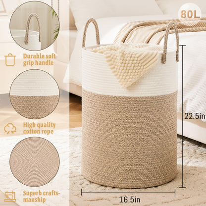 Laundry Basket,Woven Cotton Rope Laundry Hamper,60L for Decor Storage of Dirty Clothes,Toys and Blankets in Bathroom,Baby Room and Living Room