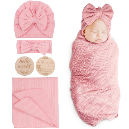 DRESHOW BQUBO Baby Swaddle Blankets for Girls, 4PCS Newborn Accessories Set with Matching Hat and Bow Headband with Card