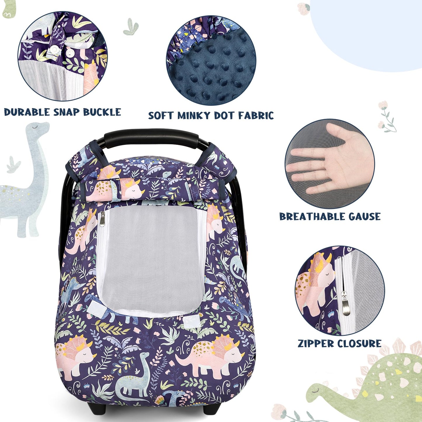 Pea Pod Car Seat Cover Baby, Infant Car Seat Canopy Covers for Newborn with 2 Layers Windows of Breathable Mesh Fabric, Lightweight Polyester/Soft Minky Dot Backing (Floral & Rainbow)