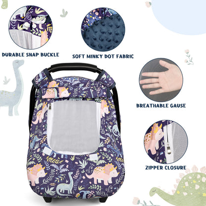 Pea Pod Car Seat Cover Baby, Infant Car Seat Canopy Covers for Newborn with 2 Layers Windows of Breathable Mesh Fabric, Lightweight Polyester/Soft Minky Dot Backing (Floral & Rainbow)