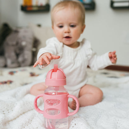 Dr. Brown's Milestones Wide-Neck Sippy Straw Bottle with 100% Silicone Handles and Weighted Straw, 9 oz/270 mL, Gray & Pink, 6m+, 2 Count (Pack of 1)