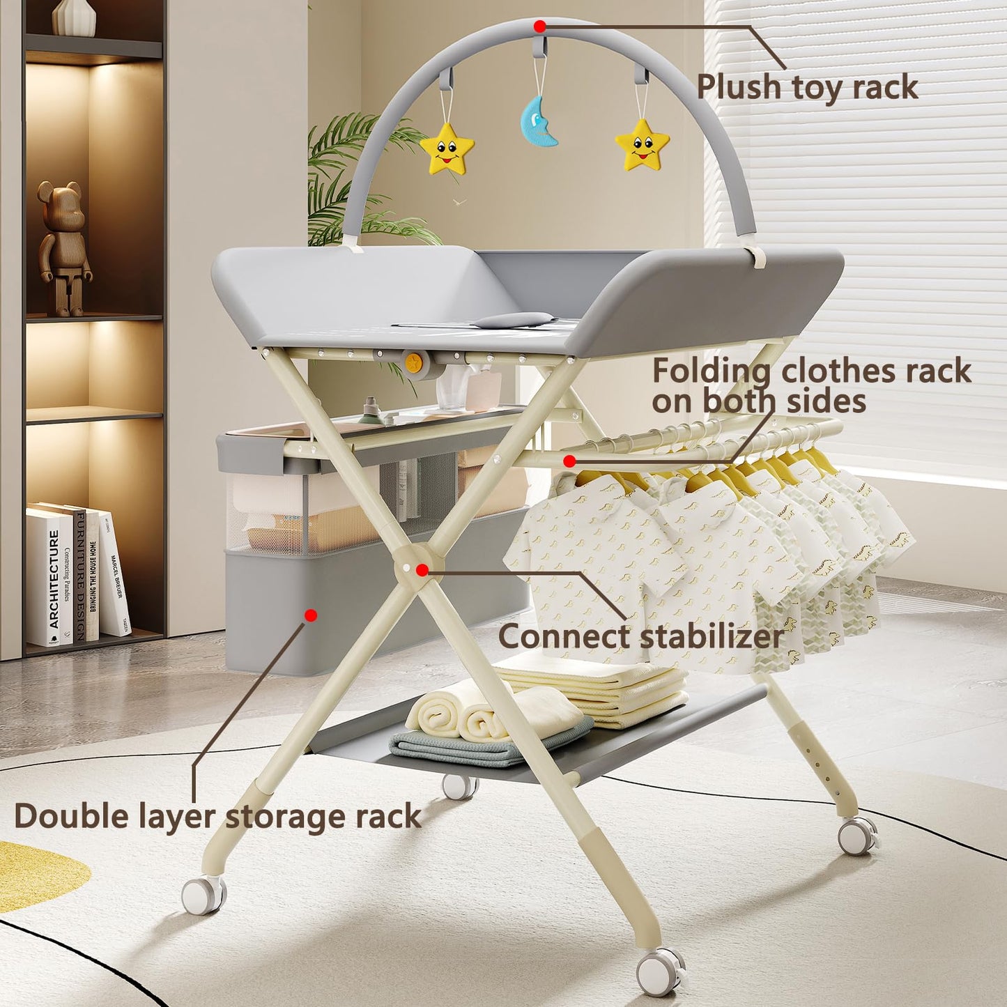 Foldable Portable Changing Table for Baby,Upgraded Style Baby Portable Diaper Changing Station with Wheels,Nursery Five Level Adjustable Height Changing Table with Organizer Storage(Green)