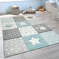 Paco Home Kids Rug for Nursery Checkered with Dots & Stars in Blue White Grey, Size: 3'11" Round