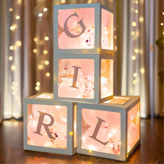 Uptotop Baby Shower Balloon Box Decorations, 4 Pcs Baby Blocks Transparent Balloon Boxes with Letters, Fairy String Lights and 36 Pcs Latex Balloons for Decor, Pink