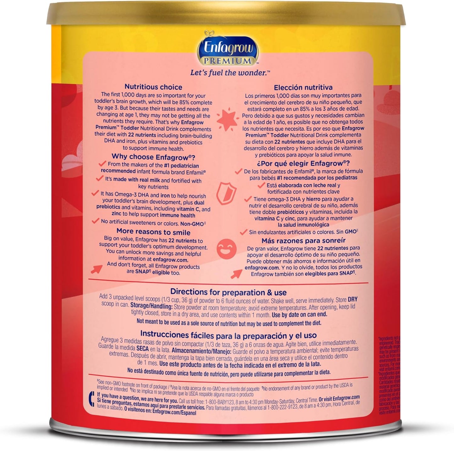 Enfagrow Premium Toddler Nutritional Drink, Made with Real Milk, Brain-Building Omega-3 DHA, Nutrients and Prebiotics for Growth & Immune Support, Non-GMO, Toddler Milk Powder, 32 Oz Can