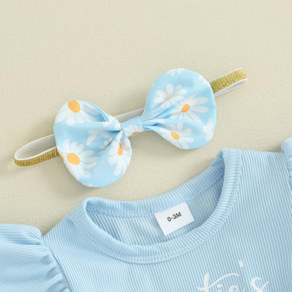 Baby Girls Daisy Romper Bowknot Bodysuit+Headband Short Sleeve Playsuits Floral Jumpsuit Infant Summer Clothes