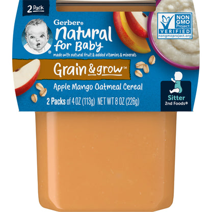 Gerber Baby Food 2nd Foods, Mixed Cereal, Pears & Cinnamon with Oatmeal Puree, 4 Ounce Tubs, 2-Pack (Pack of 8)
