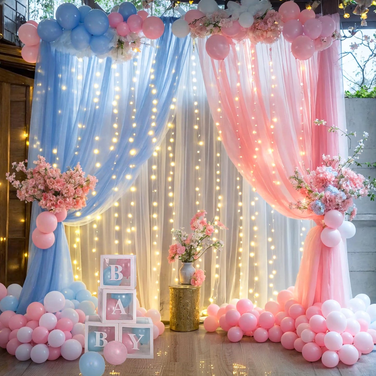White Tulle Backdrop Curtain with Lights String for Parites 10×8ft Sheer Backdrop Curtains White Curtain Backdrop for Wedding Baby Shower Birthday Party Photo Shoot Decorations(2 Panels 10ft×8ft)