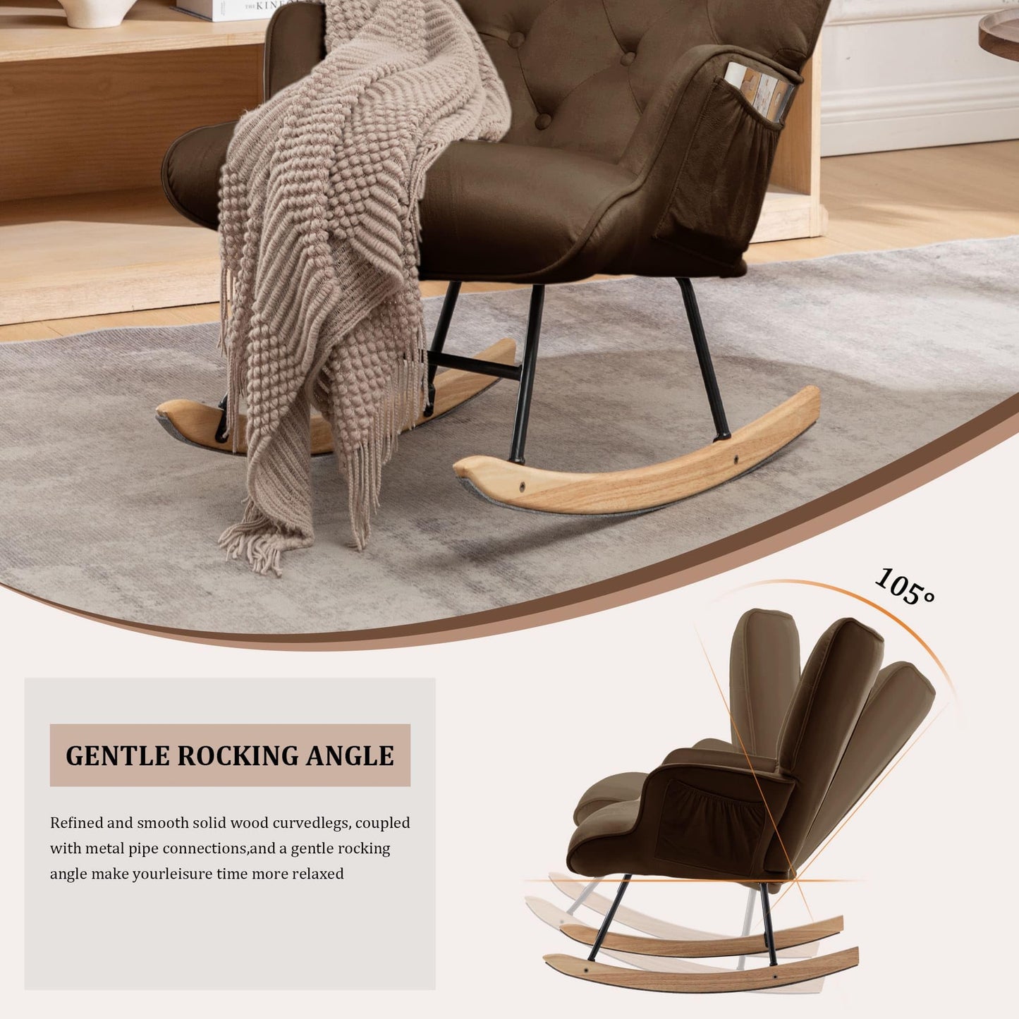 Rocking Chair for Nursery, Comfy Velvet Fabric Glider Rocker, Reading Chair with Support Seating and Side Pockets, Rocking Recliner Chair for Living Room, Bedroom, Balcony, Creamy Beige