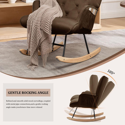 Rocking Chair for Nursery, Comfy Velvet Fabric Glider Rocker, Reading Chair with Support Seating and Side Pockets, Rocking Recliner Chair for Living Room, Bedroom, Balcony, Creamy Beige