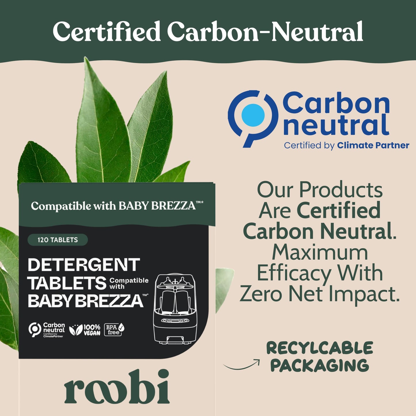 Roobi Detergent Tablets Compatible with Baby Brezza Bottle Washer Pro. Removes Milk Residue & Odor, Hypoallergenic Carbon Neutral Formula. 120 Count.