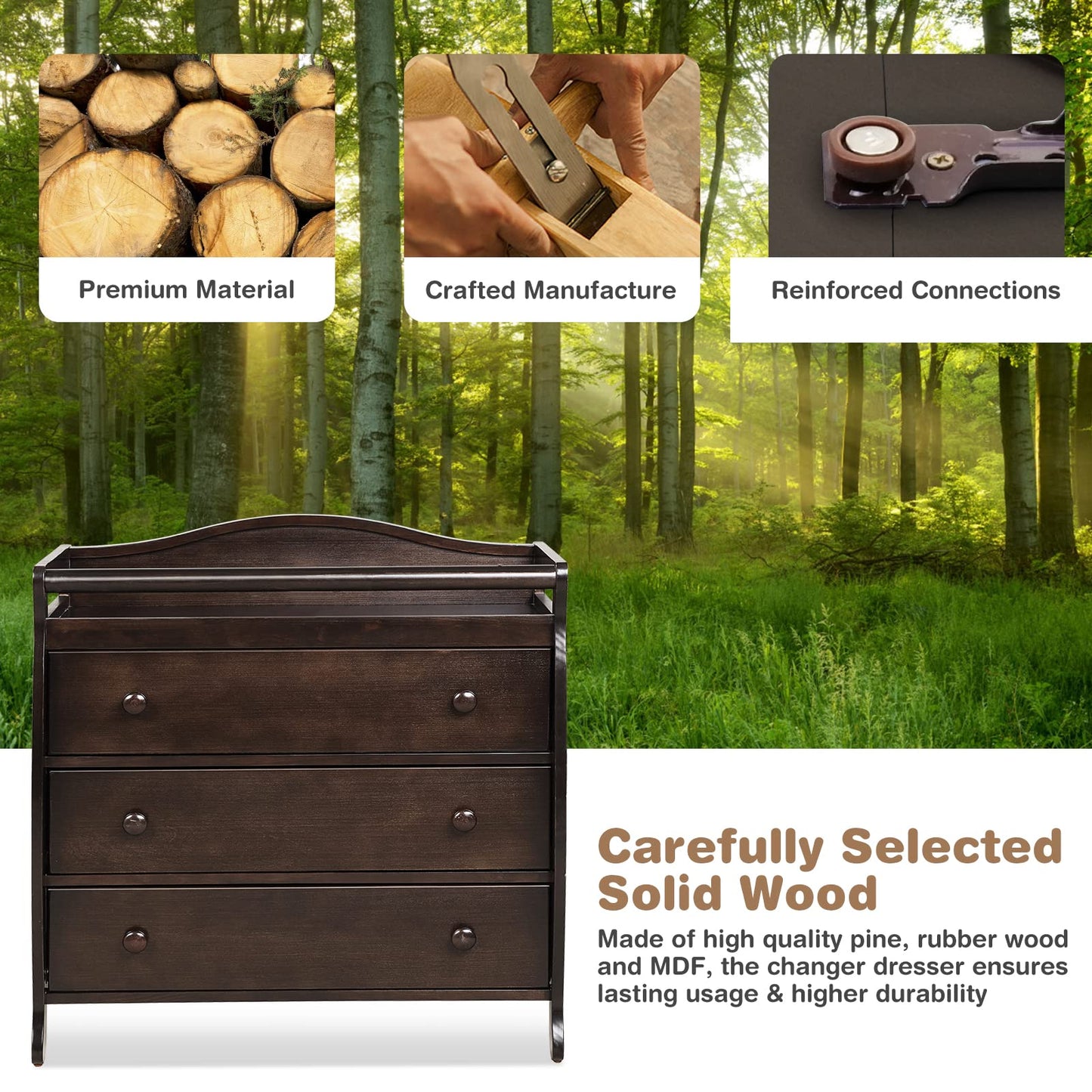 Costzon 3-Drawer Changing Table, Infant Diaper Changing Station with Drawers, Safety Rails & Strap, Baby Changing Table Dresser for Nursery, Easy Assembly (Brown)