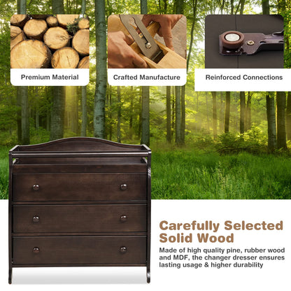 Costzon 3-Drawer Changing Table, Infant Diaper Changing Station with Drawers, Safety Rails & Strap, Baby Changing Table Dresser for Nursery, Easy Assembly (Brown)