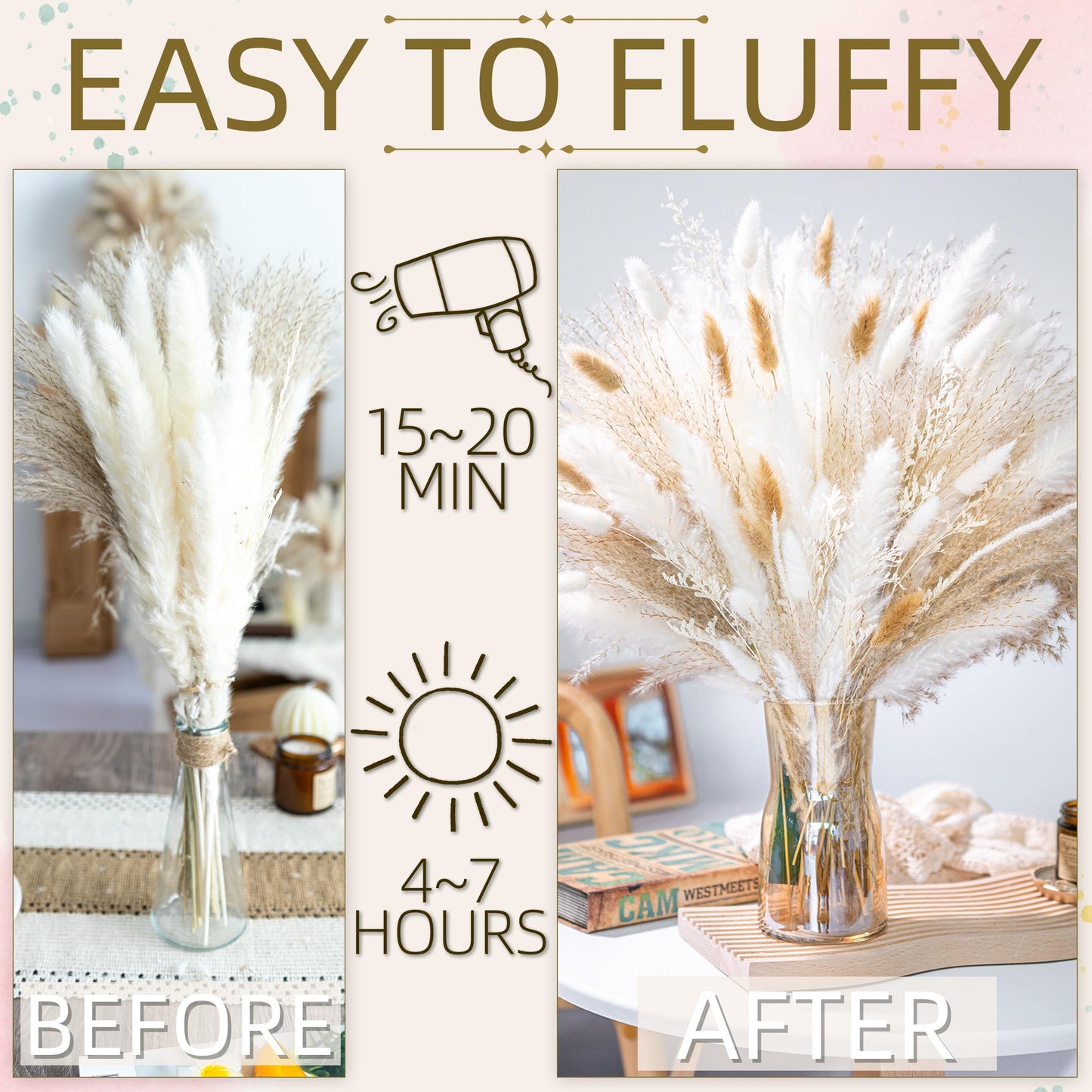 95 PCS Natural Pampas Grass Decor Bouquet | Boho Dried Floral Arrangement Centerpiece Table Decor Wedding Decor Rustic Decor, Natural, white, beige (Fdm-b-01)