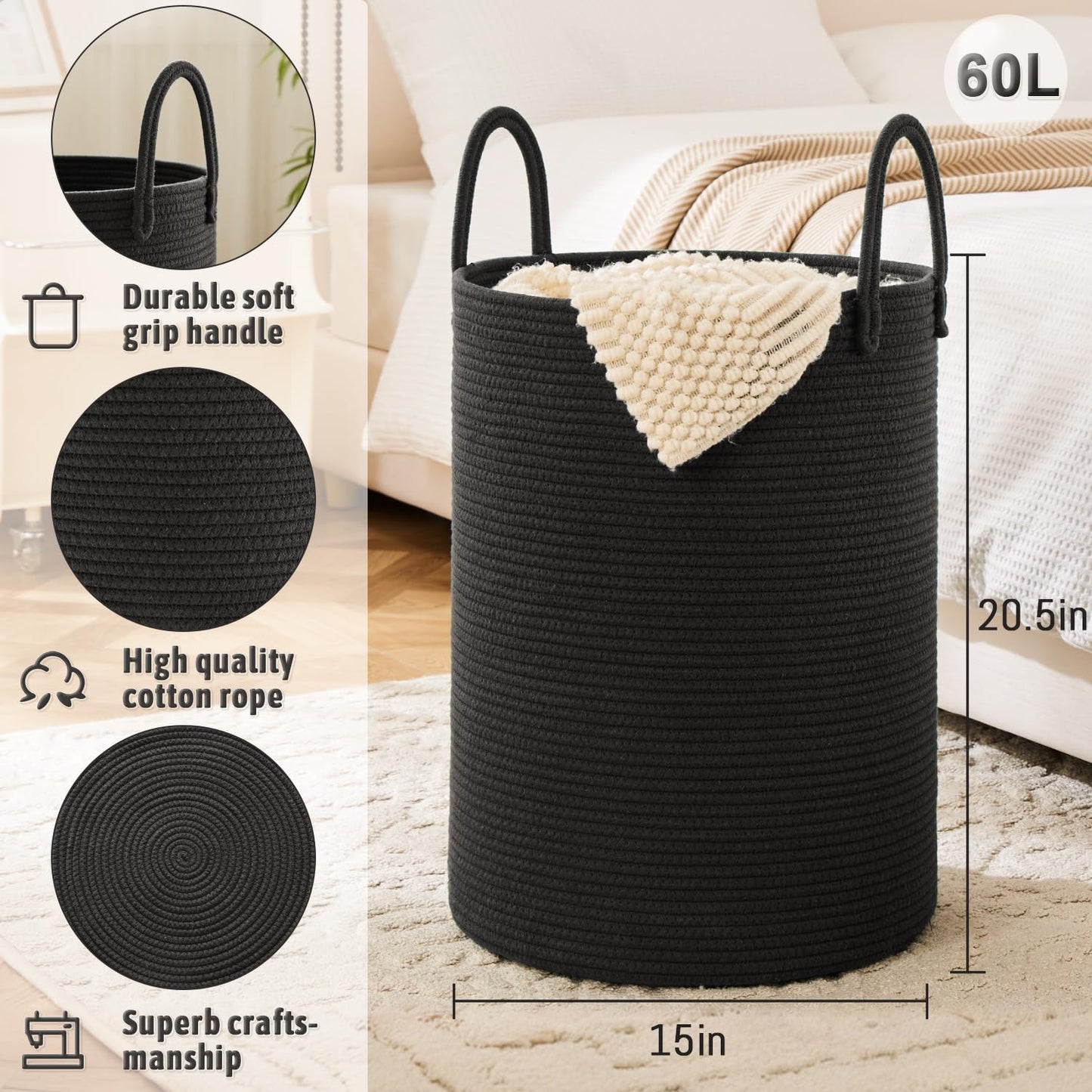 Laundry Basket,Woven Cotton Rope Laundry Hamper,60L for Decor Storage of Dirty Clothes,Toys and Blankets in Bathroom,Baby Room and Living Room