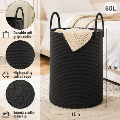 Laundry Basket,Woven Cotton Rope Laundry Hamper,60L for Decor Storage of Dirty Clothes,Toys and Blankets in Bathroom,Baby Room and Living Room