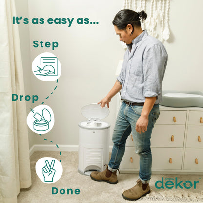Diaper Dekor EKO Plus Diaper Pail Gift Set, White | ONLY Eco-Friendly Diaper Pail Made with 70% Recycled Materials | Comes with up to a Year's Supply Worth of Diaper Dekor Refills!