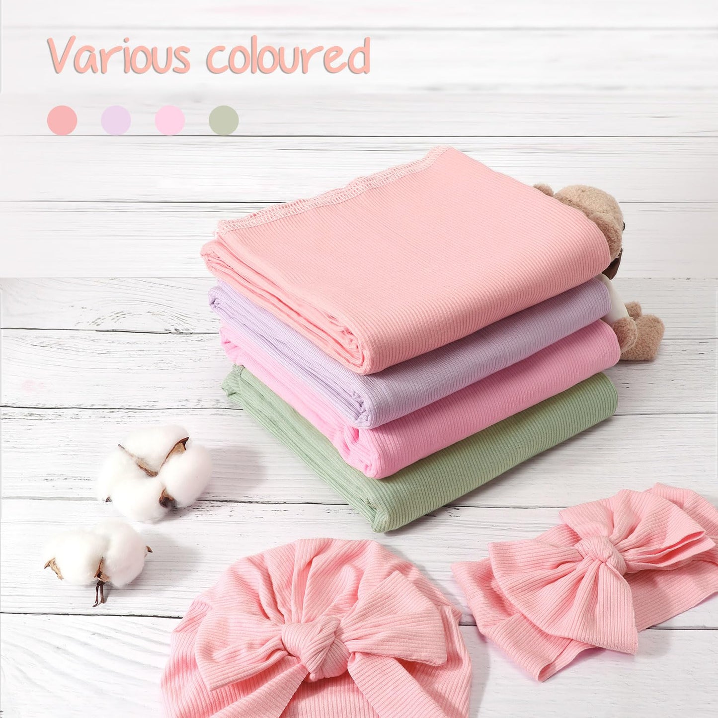 Newborn Receiving Blanket with Bow Hat Mittens Wooden Card Set Wheat-Pattern Newborns Toddler Baby Boy Girl Nursery Swaddle Wrap
