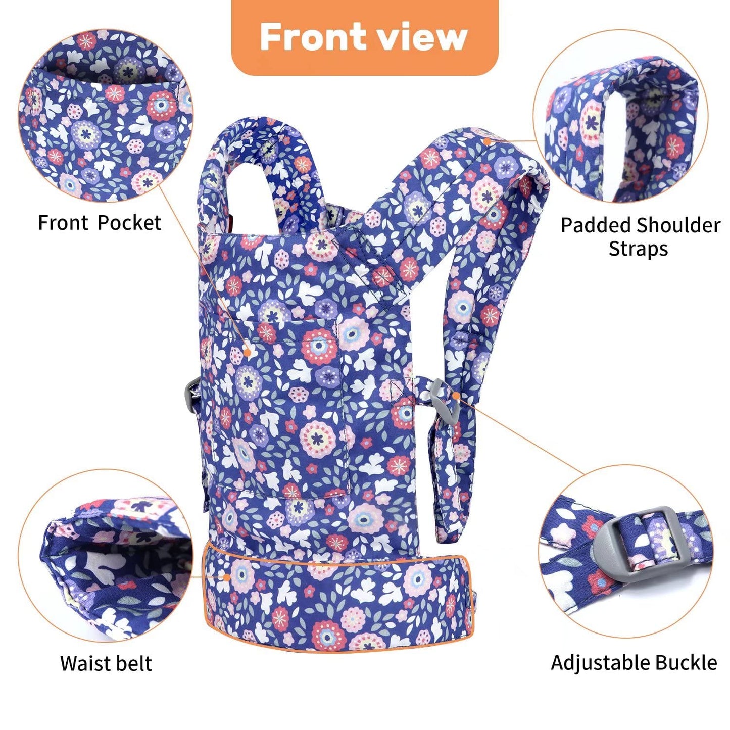 Baby doll carrier for baby girl Premiums soft straps and skin-friendly webbing stuffed animal carrier for kids and toddler facing in facing out and backpack 18 inch doll little flowers design