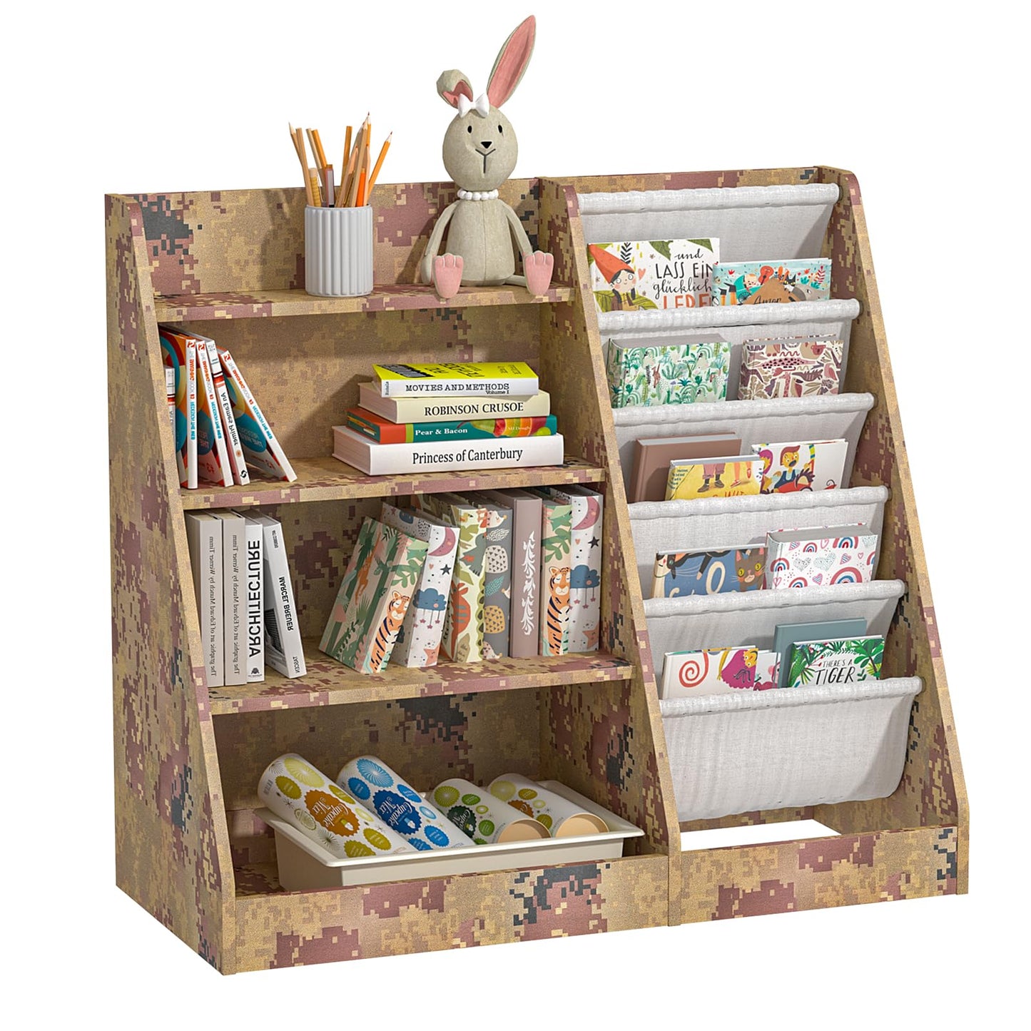 White Kids Bookshelf Wood Toy Storage Organizer Cabinet Children Bookcase Toddler Baby Sling Book Rack 3 Cube Bins Fabric Drawers for Playroom Bedroom Nursery School