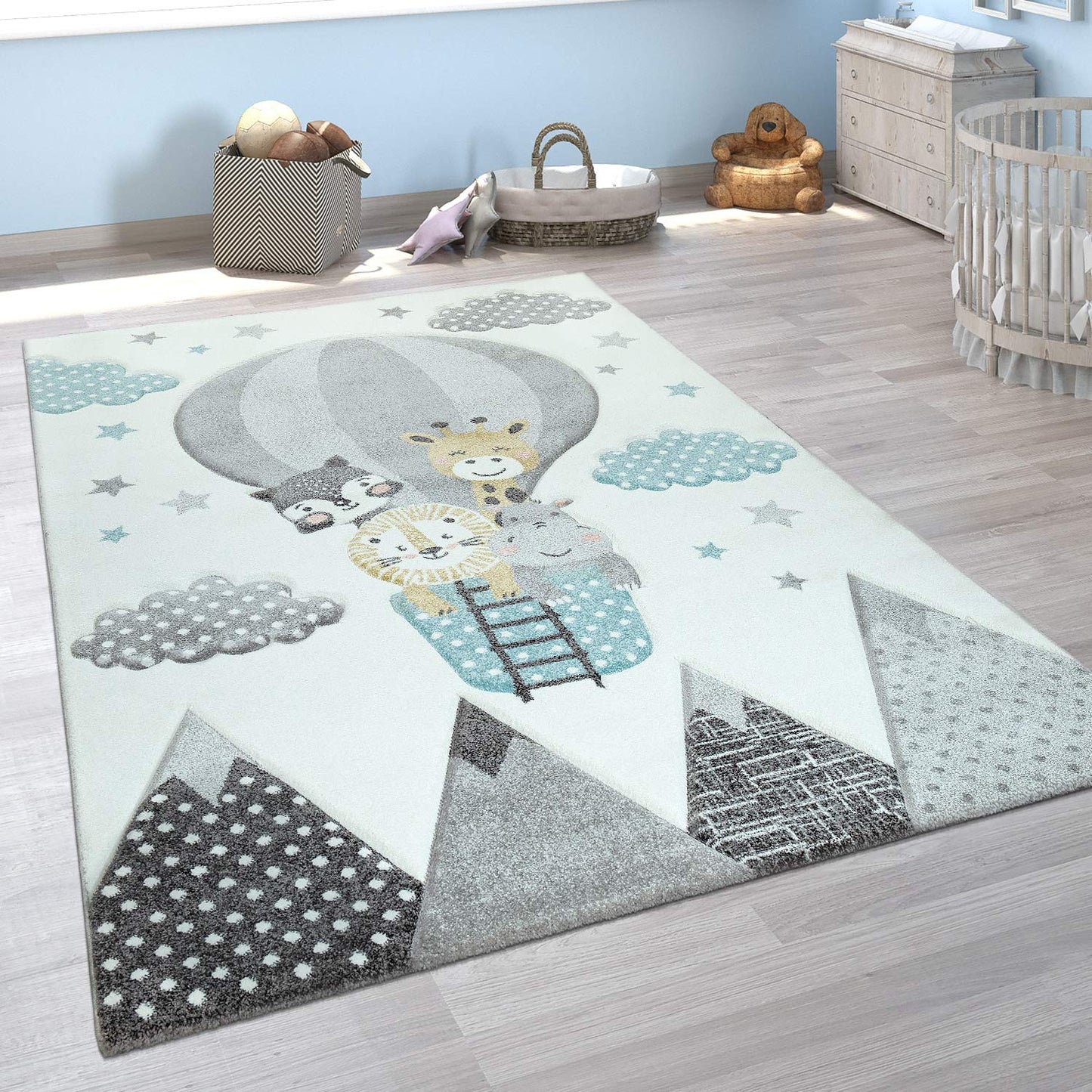 Kids Rug with Cute Animals on a Hot Air Balloon Ride in Pastel, Size: 2'8" x 4'11"