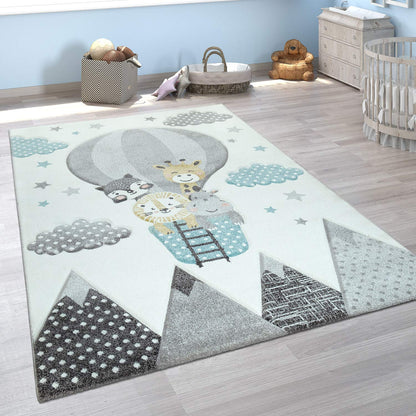 Kids Rug with Cute Animals on a Hot Air Balloon Ride in Pastel, Size: 2'8" x 4'11"