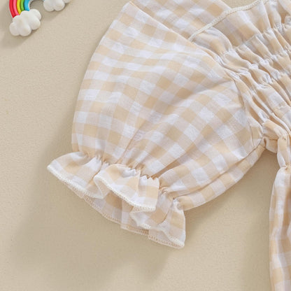 Infant Baby Girls Romper Ruffle Sleeve Pleated Smocked Bubble Plaid One Piece Ruched Jumpsuit Summer Bodysuit