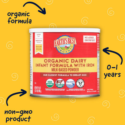 Earth's Best Organic Baby Formula for Babies 0-12 Months, Powdered Dairy Infant Formula with Iron, Omega-3 DHA, and Omega-6 ARA, 32 oz Formula Container