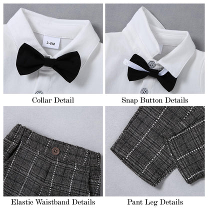 DISAUR Baby Boy Clothes Toddler Boy Outfits 4PCS Gentleman Dress Romper/Vest/Pants/Bow Tie Cotton Suit Sets