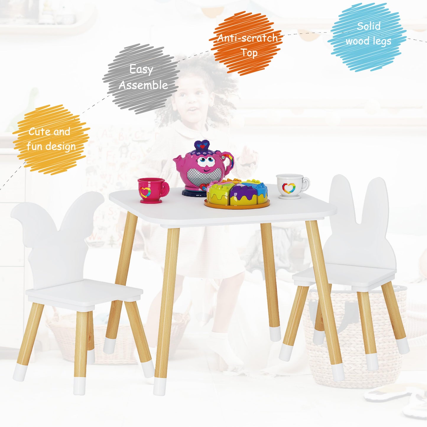 UTEX Kids Wood Table and Chair Set, Kids Play Table with 2 Chairs,3 Pieces Kids Round Table for Toddlers, Girls, Boys,White