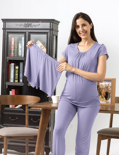 SUNNYBUY Womens Maternity Nursing Pajamas Set, Short Sleeve Breastfeeding Shirts，Pregnancy Shorts & Pants 3 Piece Nursing PJS