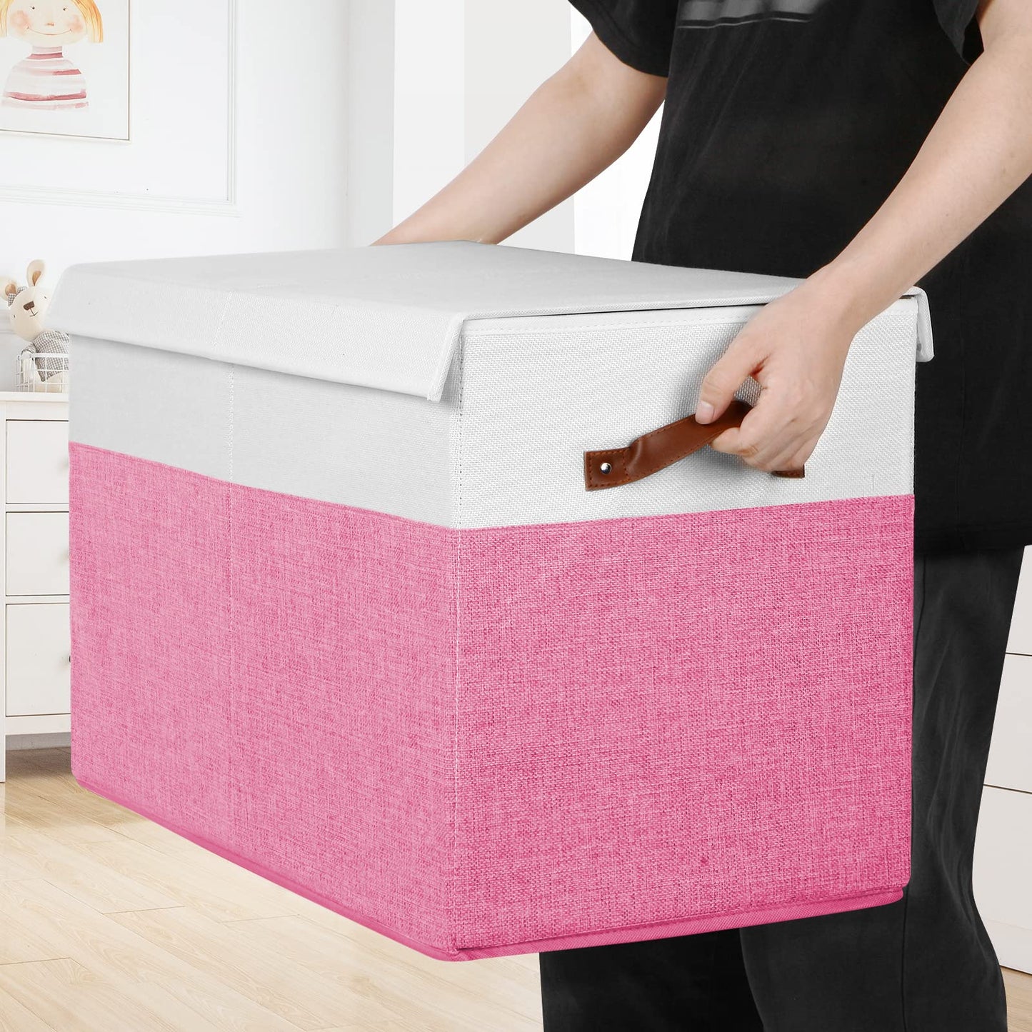 Large Toy Storage Box with Lid, Sturdy Toys Storage Chest Bin Organizer Basket with Dividers for Kids, Boys, Girls, Nursery, Closet, Bedroom, Playroom 25"x13" x16" (Beige and White)