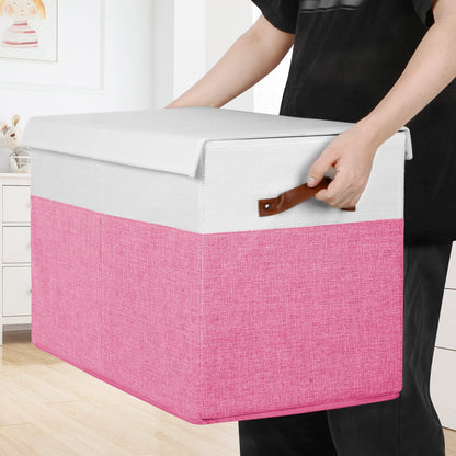 Large Toy Storage Box with Lid, Sturdy Toys Storage Chest Bin Organizer Basket with Dividers for Kids, Boys, Girls, Nursery, Closet, Bedroom, Playroom 25"x13" x16" (Beige and White)