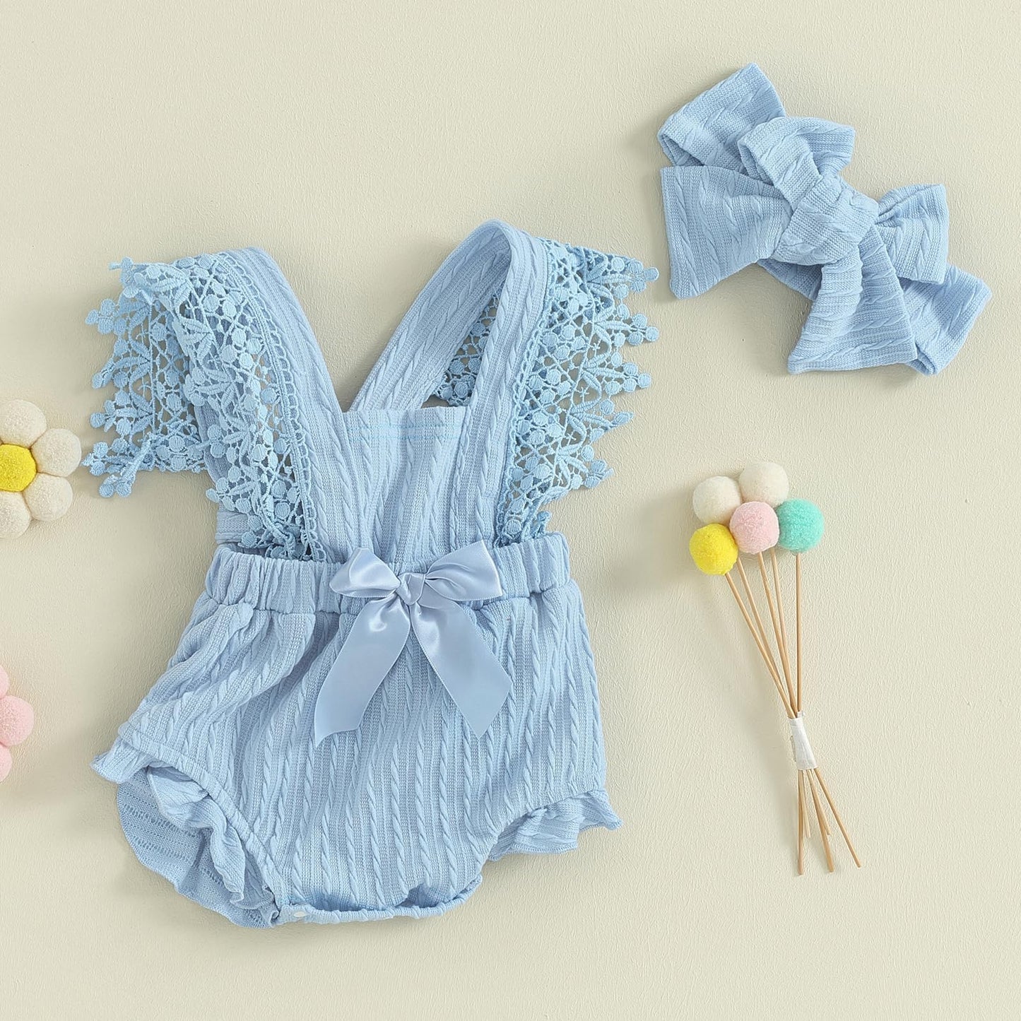 Newborn Baby Girl Lace Romper Ruffle Sleeveless Backless One Piece Jumpsuit Bodysuit with Headband Summer Clothes
