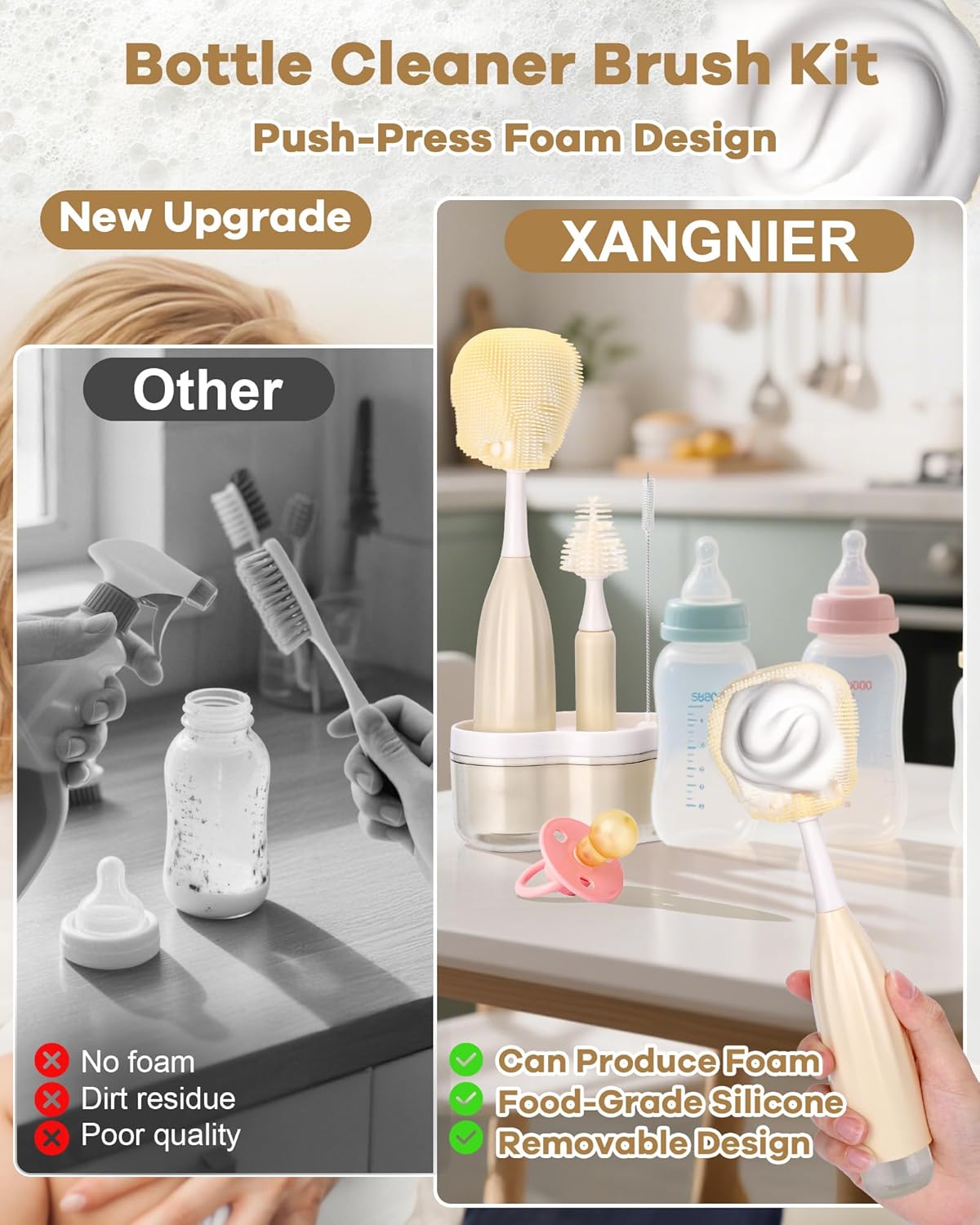 XANGNIER Baby Bottle Brush Kit with Press Foaming Dispenser & Drying Rack – Innovative Bottle Cleaner Set for Baby Bottles, Nipples, Breast Pumps, Straws & Baby Accessories，Newborn Essentials