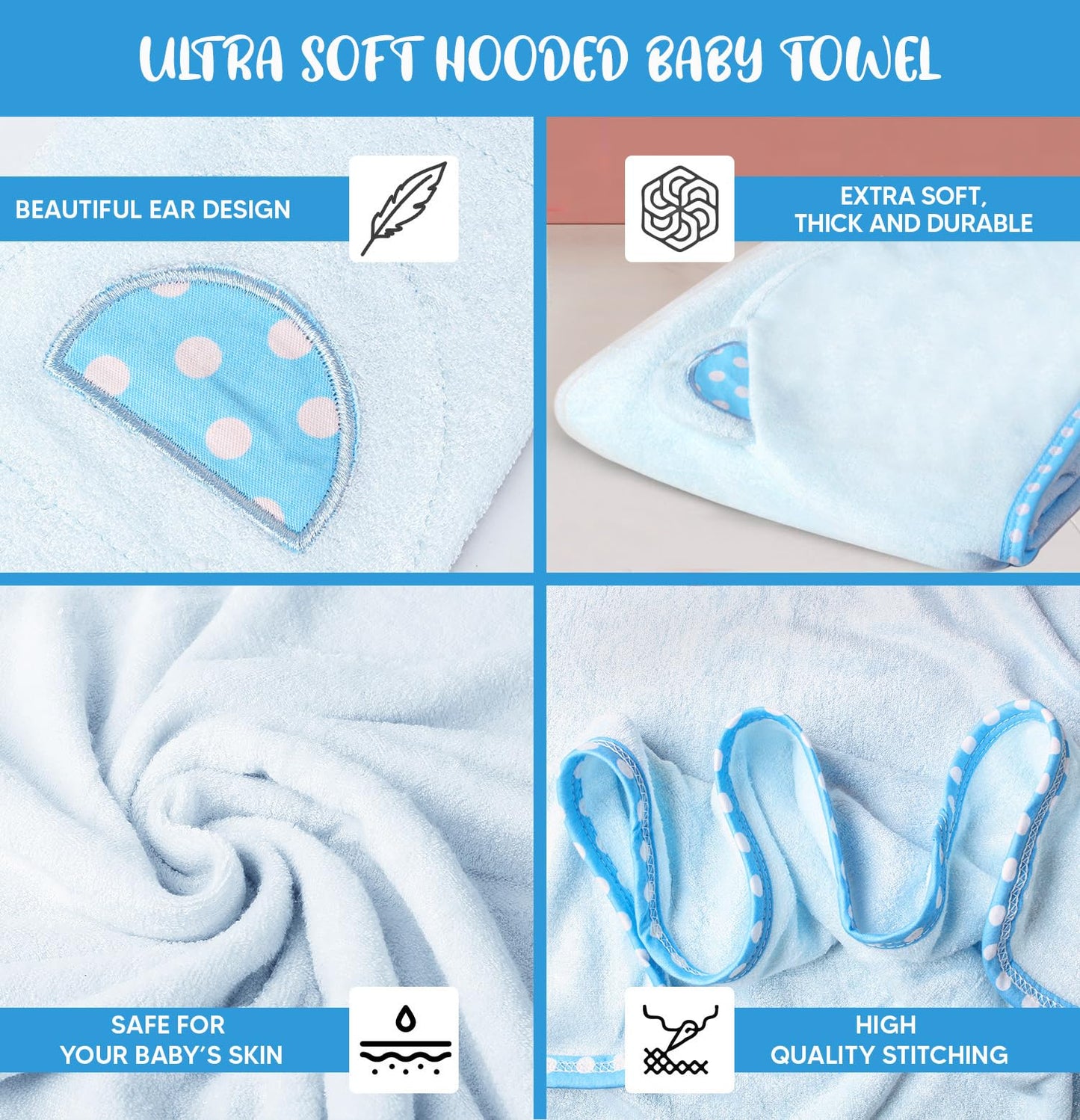 Set of 2 Hooded Baby Towels – White and Grey – Luxurious, Large and Super Absorbent – 30 x 30 Inch – Soft and Suitable for Infants, Toddlers and Kids – 400 GSM